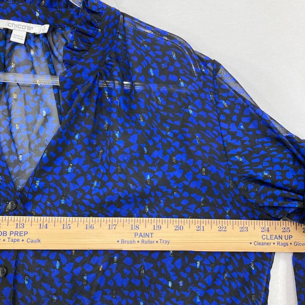 Chico's size 16 Black Blue Abstract Print Ruffle Sheer Swiss Dot Button Down - Picture 8 of 12